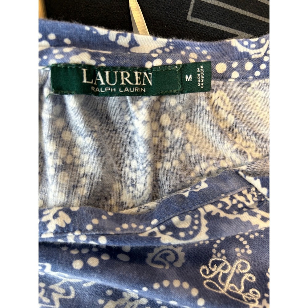 Lauren Ralph Lauren Blue White Paisley Bandana Split V-Neck Top Medium - Picture 5 of 6